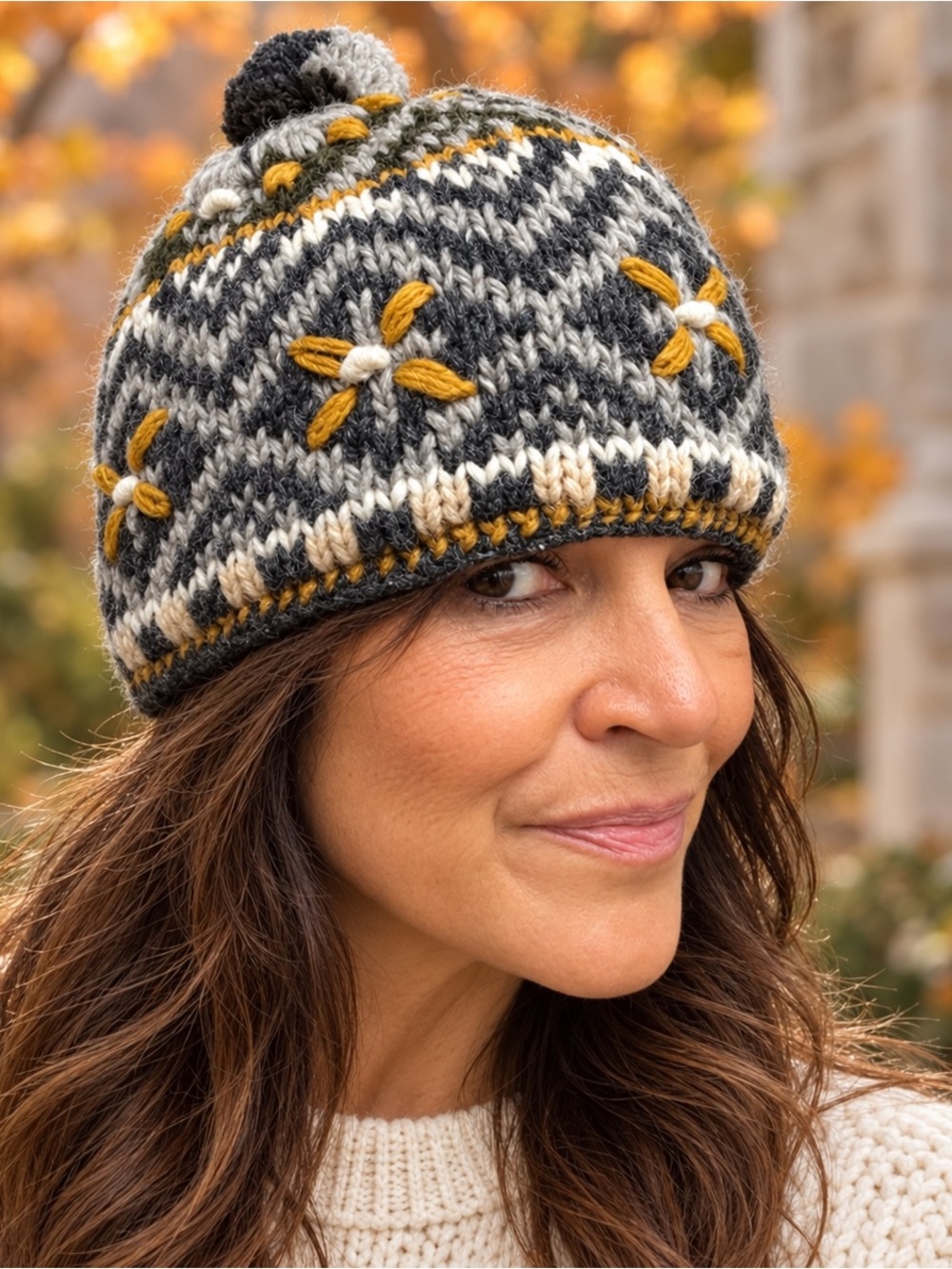 Handmade Himalayan Wool Floral Beanie Fleece Lined Pom-Pom Hat Nepal
